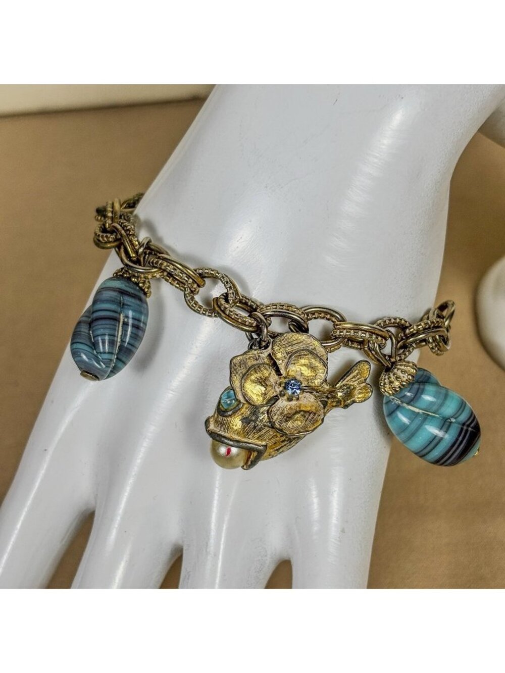 Vintage Art Glass Blue Striped Fish Floral Bracelet Gold Statement C63 Sz 6.5